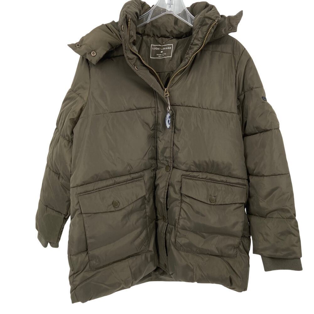 Lucky Brand Puffer Jacket Size L Green Hooded Parka Quilted Fingertip Coat
